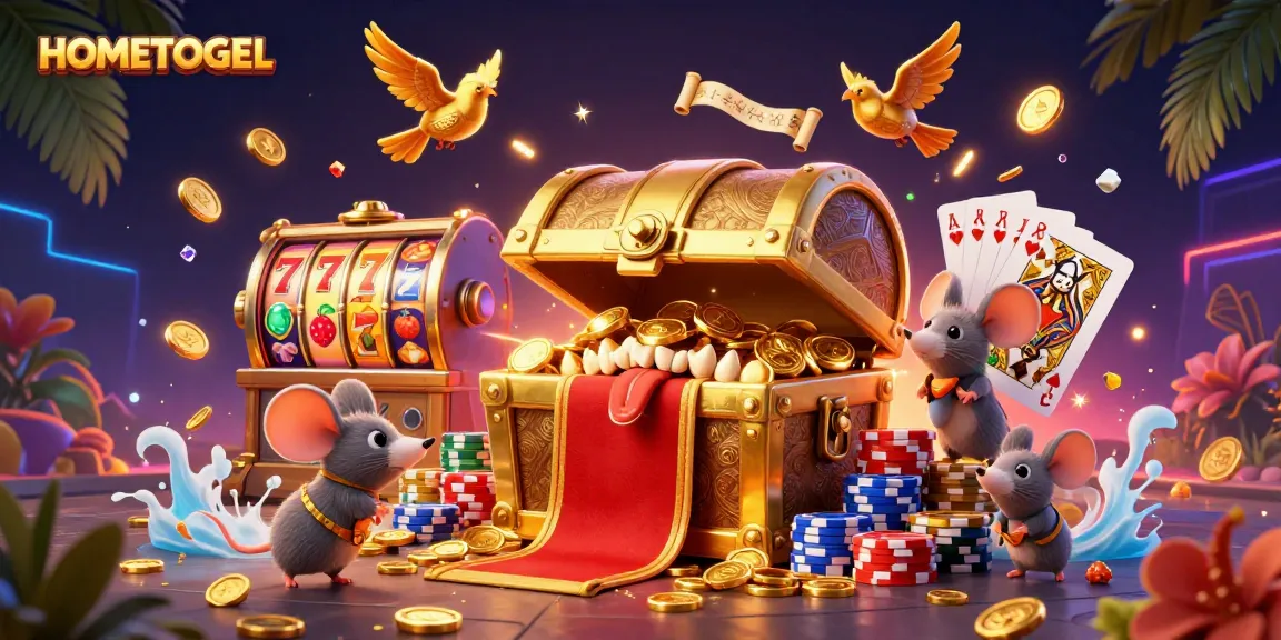 HOMETOGEL offers a treasure of riches with slots and vibrant casino elements in a captivating illustration.
