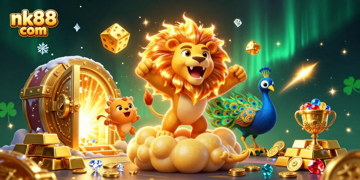 Engage with exciting wins at nk88 com featuring a vibrant 3D casino illustration with golden elements.