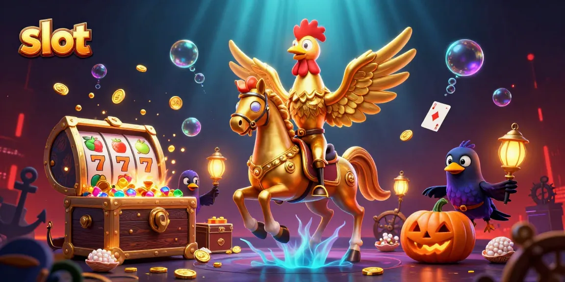 Spin colorful slots with a golden rooster while chasing big wins in this vibrant casino scene.