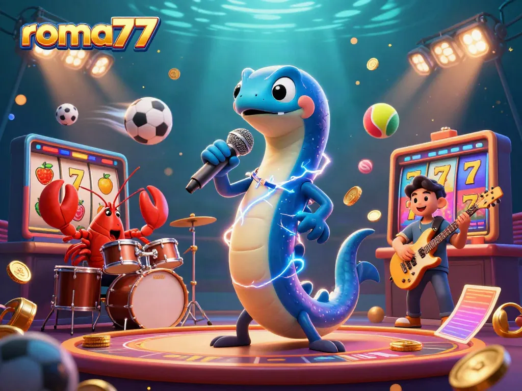 Ilustrasi kasino bawah laut yang menampilkan roma77 dengan ikan listrik DJ dan band pendukung.