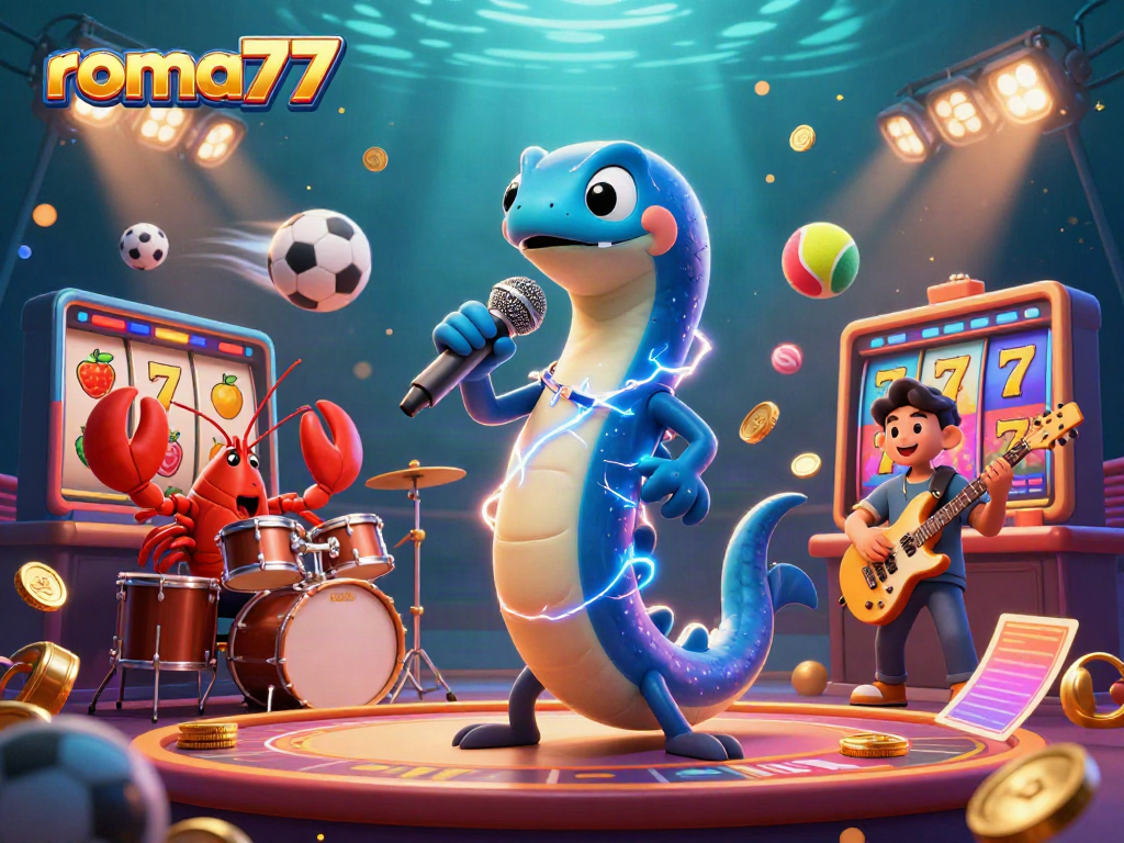 Ilustrasi kasino bawah laut yang menampilkan roma77 dengan ikan listrik DJ dan band pendukung.