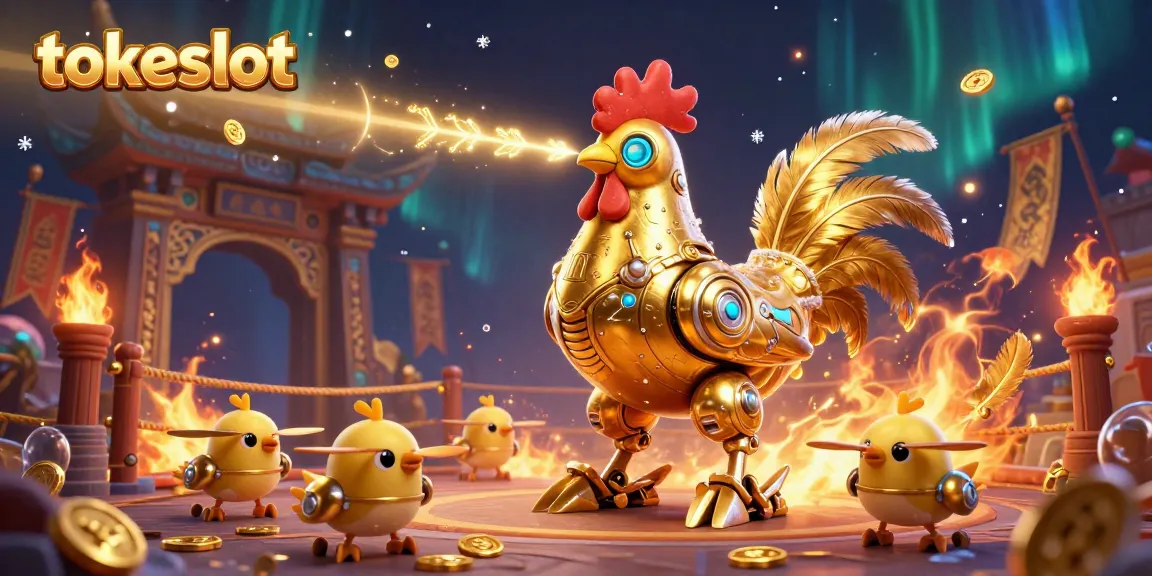 Tokeslot promotes online gaming with a striking 3D golden rooster robot surrounded by baby chicks and casino elements.