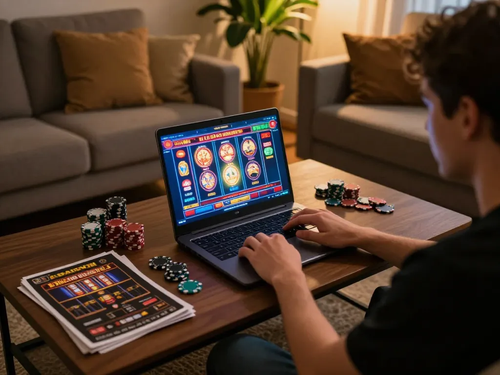 Menghampiri slot gacor gampang menang di rumah sambil bermain slot online di laptop, menciptakan suasana permainan yang nyaman