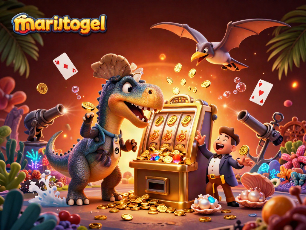 Mariatogel's dynamic casino illustration showcasing a pachycephalosaurus and an ankylosaurus in a playful jackpot scene.