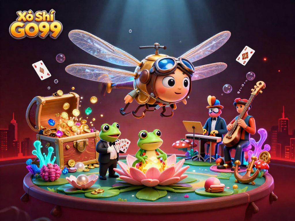 Xổ Số GO99 showcases thrilling fantasy with a dragonfly helicopter pilot and frog croupier in a vibrant gambling scene.