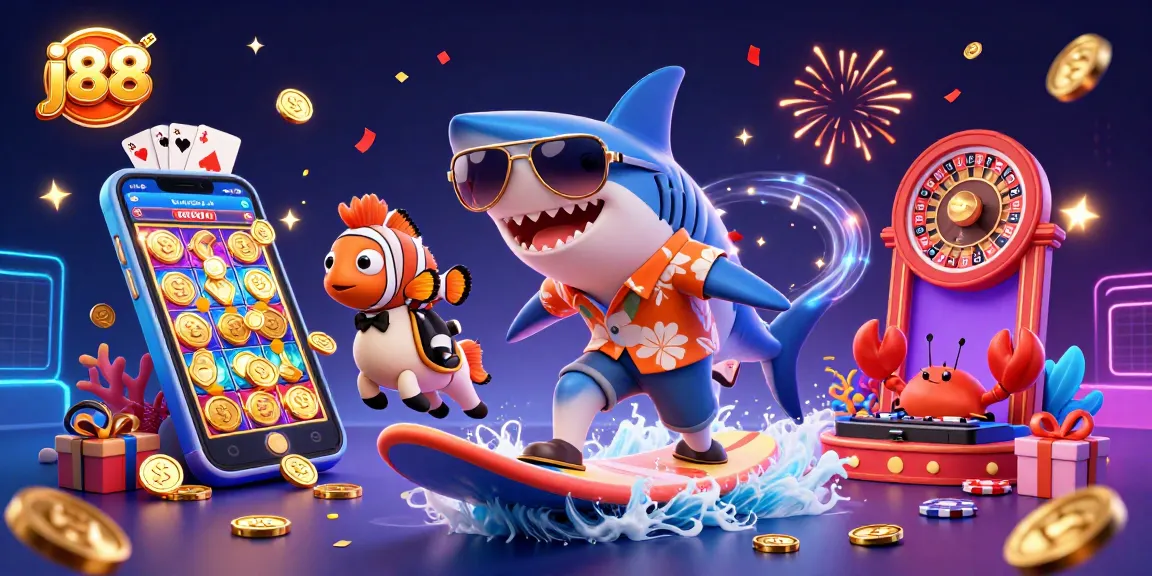 Engage with the j88 gaming experience featuring vibrant characters surfing gold coins among dynamic casino elements.