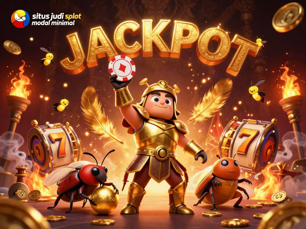 Engage with situs judi slot modal minimal in dynamic 3D cartoon art featuring a victorious beetle lifting a poker chip with golden casino elements.