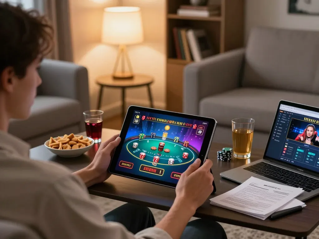 Engaging in Fun88 online casino gaming on a tablet in a cozy living room with strategic notes.