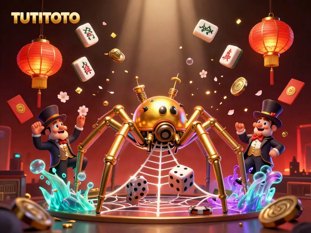 Experience vibrant TUTITOTO action with golden spider constructing a web of lucky symbols and dice.