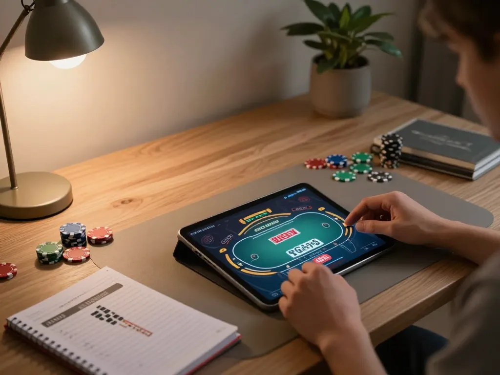 Player engaging on GG88.COM with tablet during a cozy online poker session at home