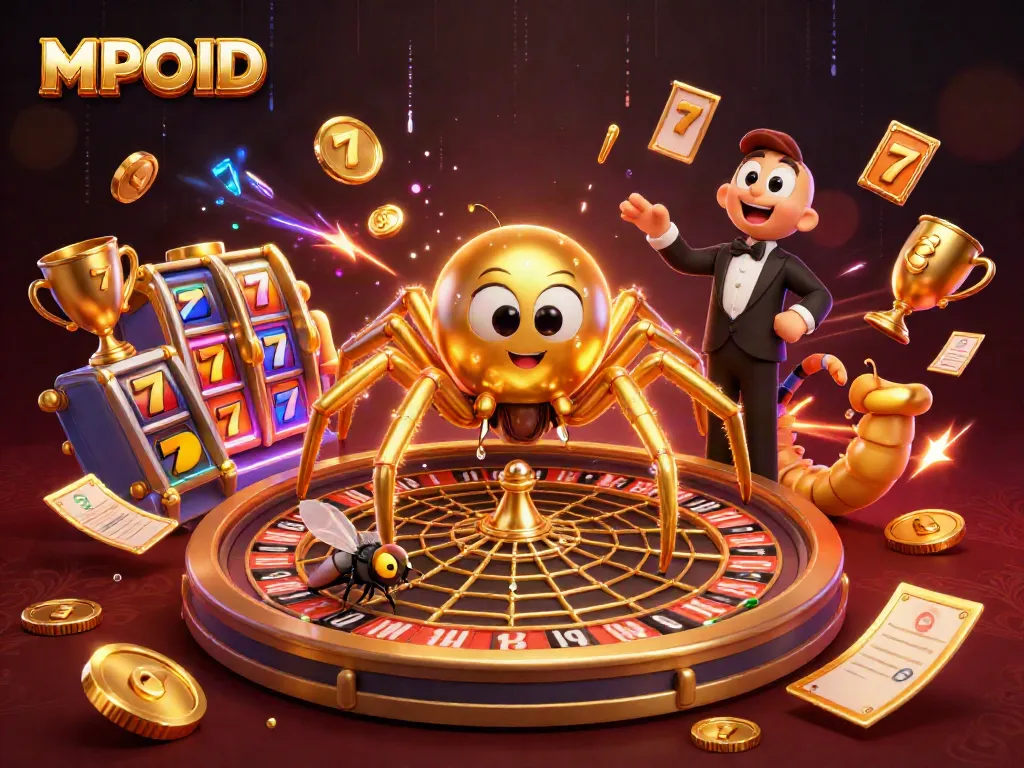 MPOID showcases a vibrant scene with a golden spider and croupier engaging players in a thrilling casino environment.