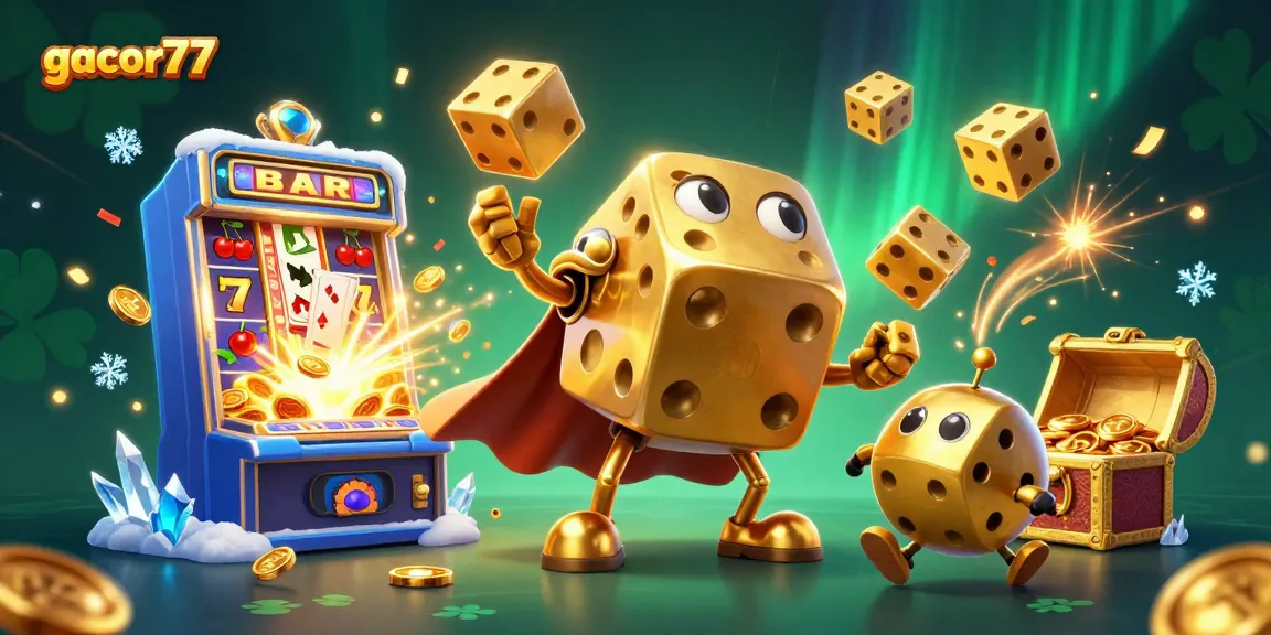Gacor77 mewakili petualangan slot dengan karakter dadu emas dan mesin slot jackpot penuh ledakan koin.