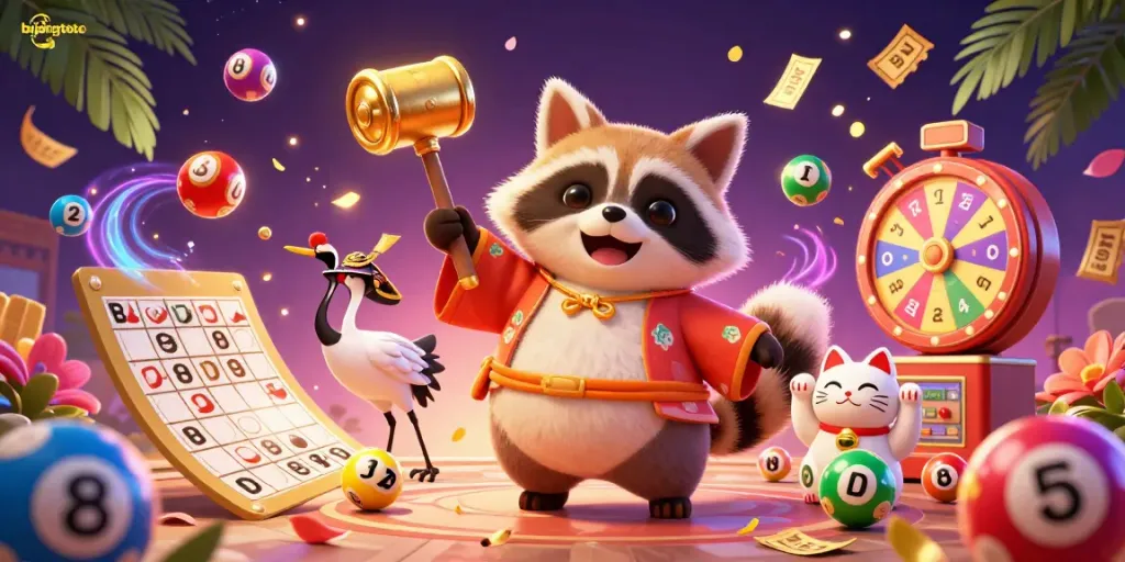 Engage with bujangtoto's vibrant 3D illustration featuring a cheerful tanuki holding a golden mallet amidst lottery excitement.