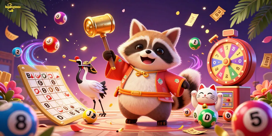 Engage with bujangtoto's vibrant 3D illustration featuring a cheerful tanuki holding a golden mallet amidst lottery excitement.