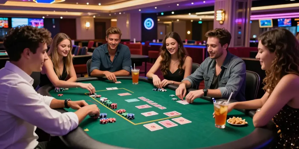 Exciting scene at the Wolfbet Bonus official Page showcasing friends enjoying blackjack in a vibrant casino atmosphere.