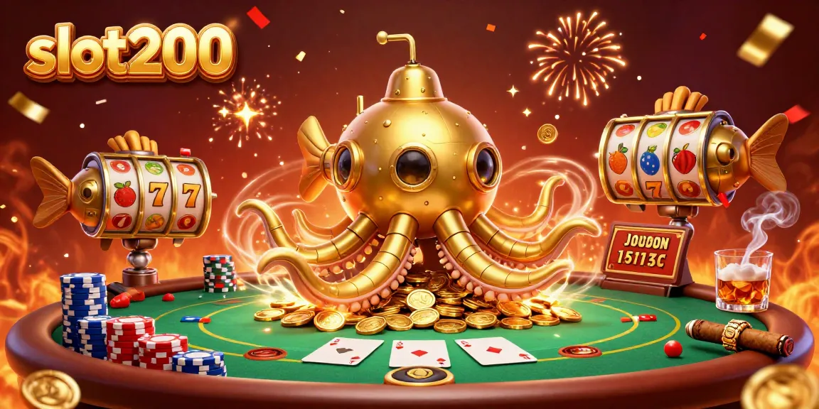 Menangkan jackpot dengan slot200 melalui gambar kraken emas, koin emas, dan meja poker yang meriah.