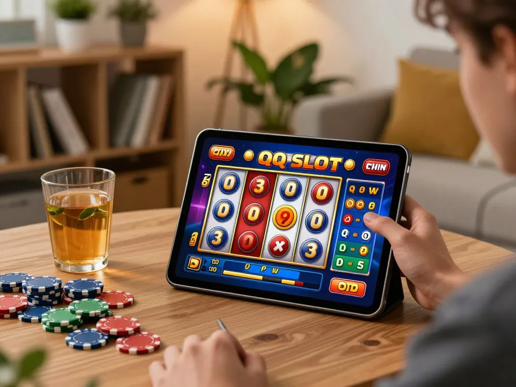 Engaging in QQ SLOT gaming on a tablet, showcasing vibrant screen with spinning reels and chips.