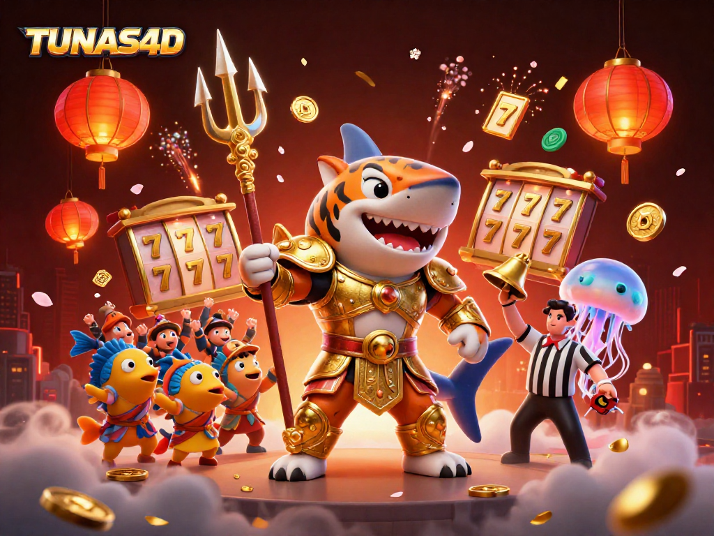 TUNAS4D offers an exciting underwater gaming scene with dynamic elements and a tiger shark in gladiator armor.