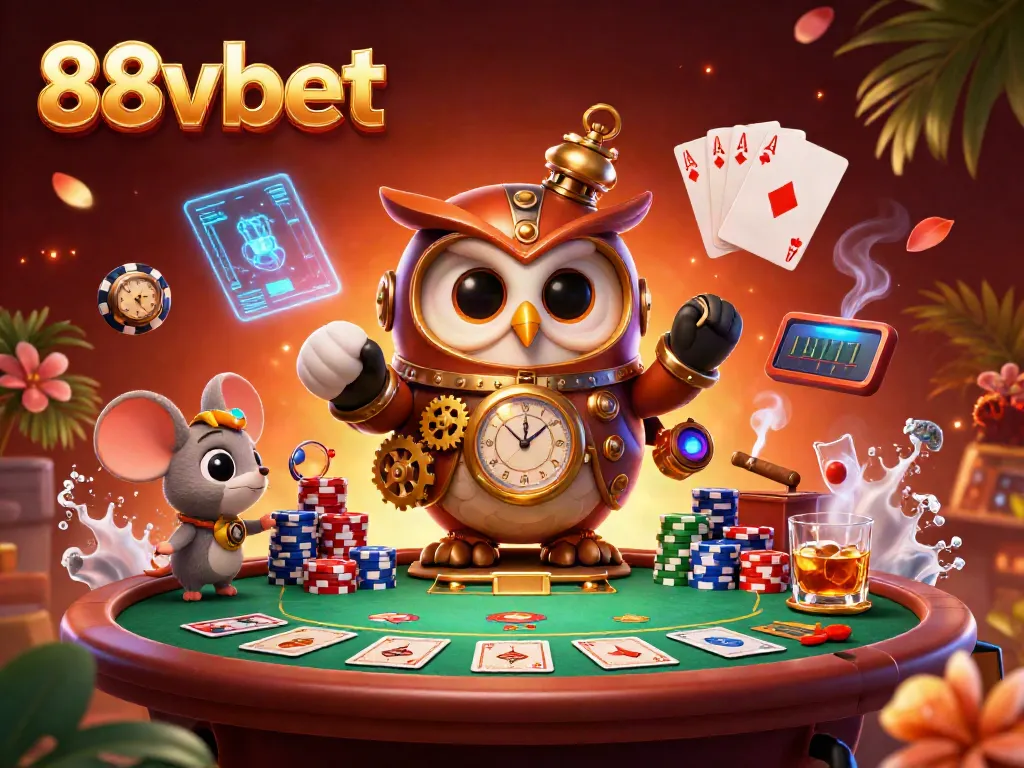 Engage in thrilling gameplay at 88vbet with steampunk characters surrounded by poker elements in a vibrant casino scene.