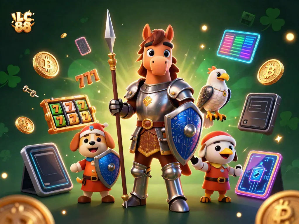 Engage in thrilling gameplay with LC 88 featuring a knight, squire, and falcon amidst slot reels and crypto elements.