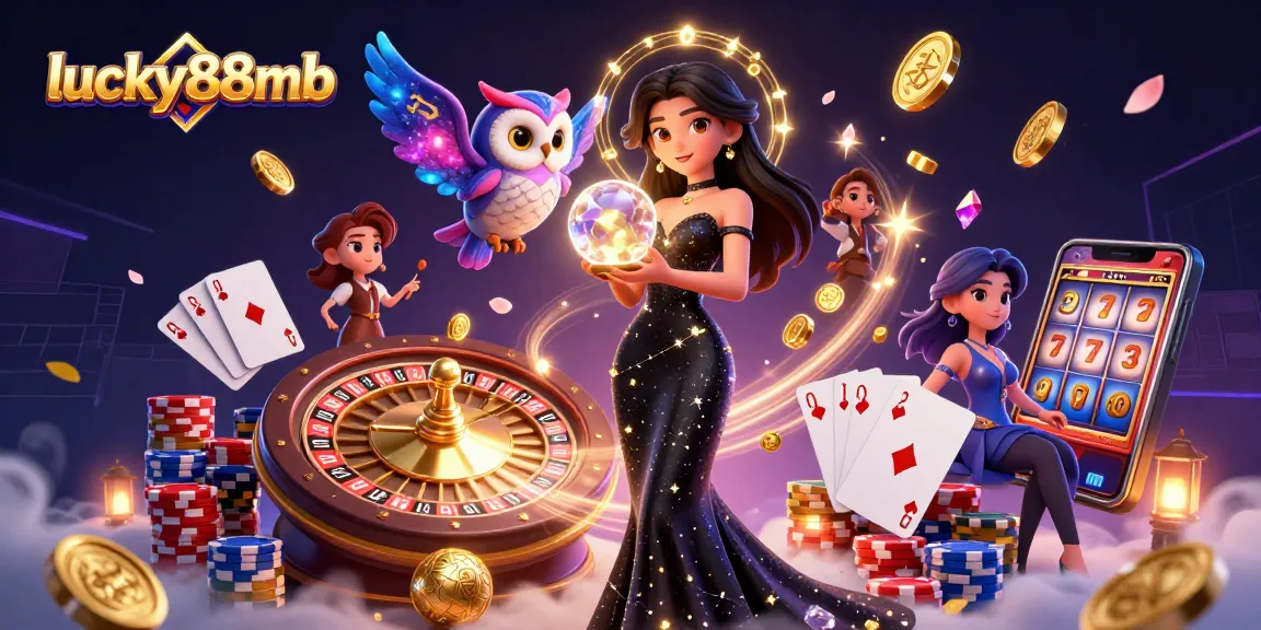 Experience excitement at lucky88mb with a semi-realistic woman and mystical owl surrounded by casino elements.