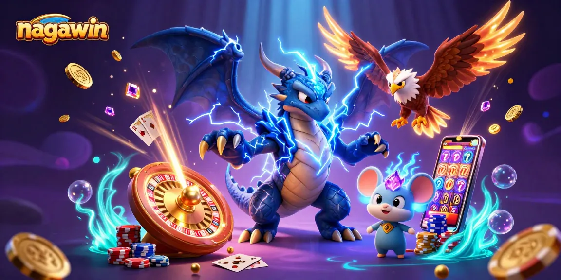Win instantly at nagawin with captivating 3D casino illustration featuring a thunder dragon and vibrant gaming elements.