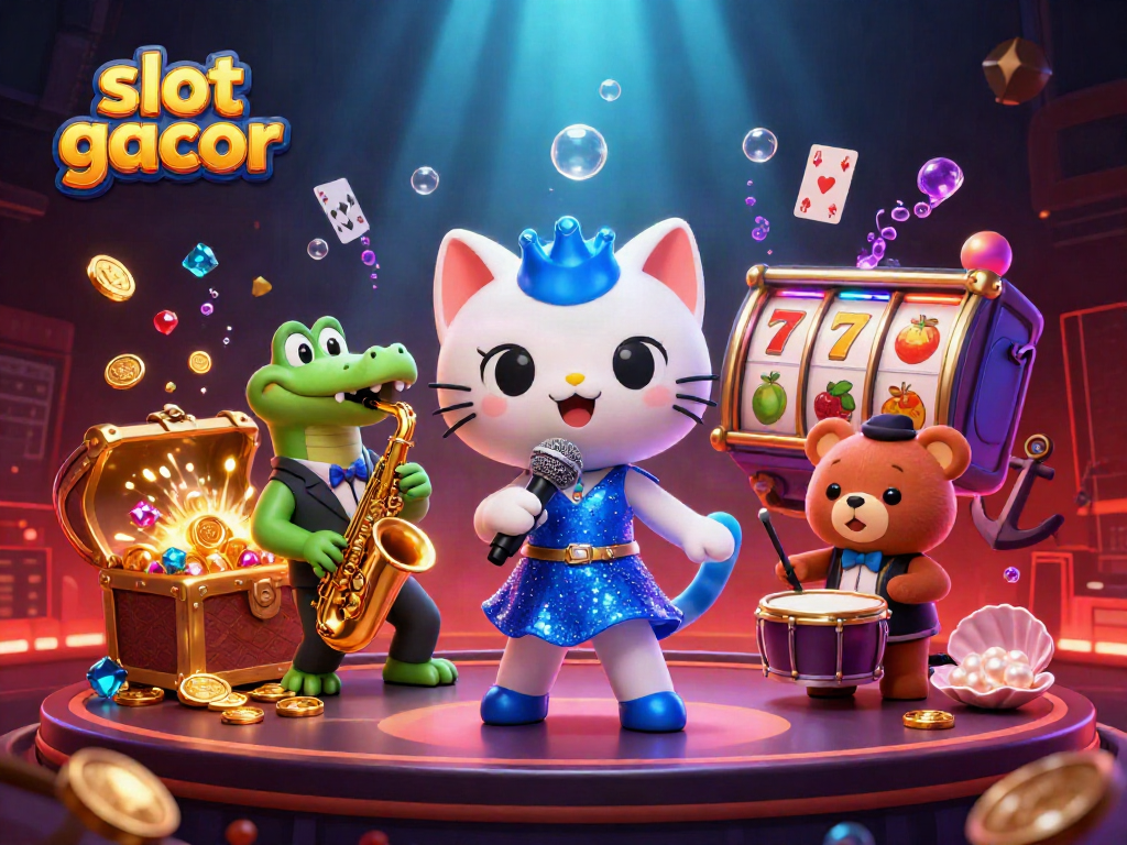 Permainan slot gacor yang mendebarkan dengan karakter kartun 3D di panggung kasino.