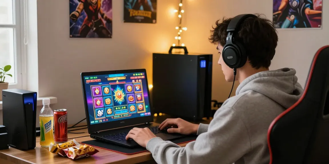 Seorang pemain situs slot fokus pada permainan online di laptopnya dengan suasana nyaman.