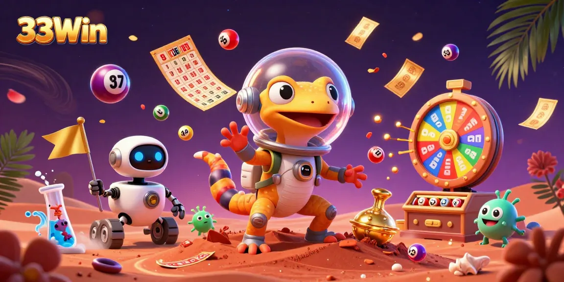Experience 33Win's vibrant gaming world with a 3D Martian gecko uncovering a golden casino.