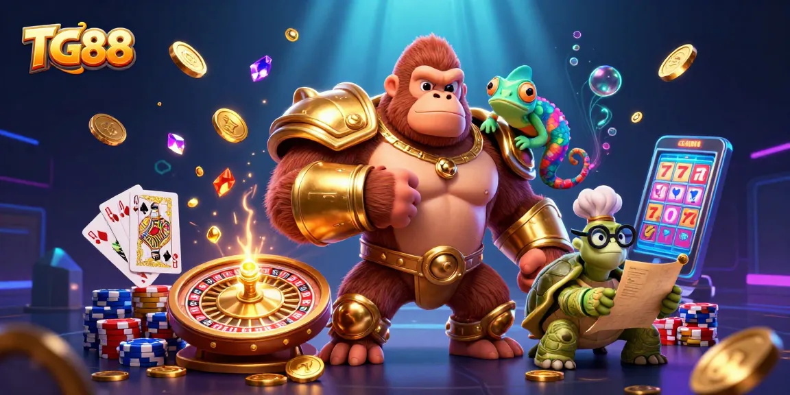 Experience the thrill at TG88 casino with a powerful scene of vibrant game elements and characters.