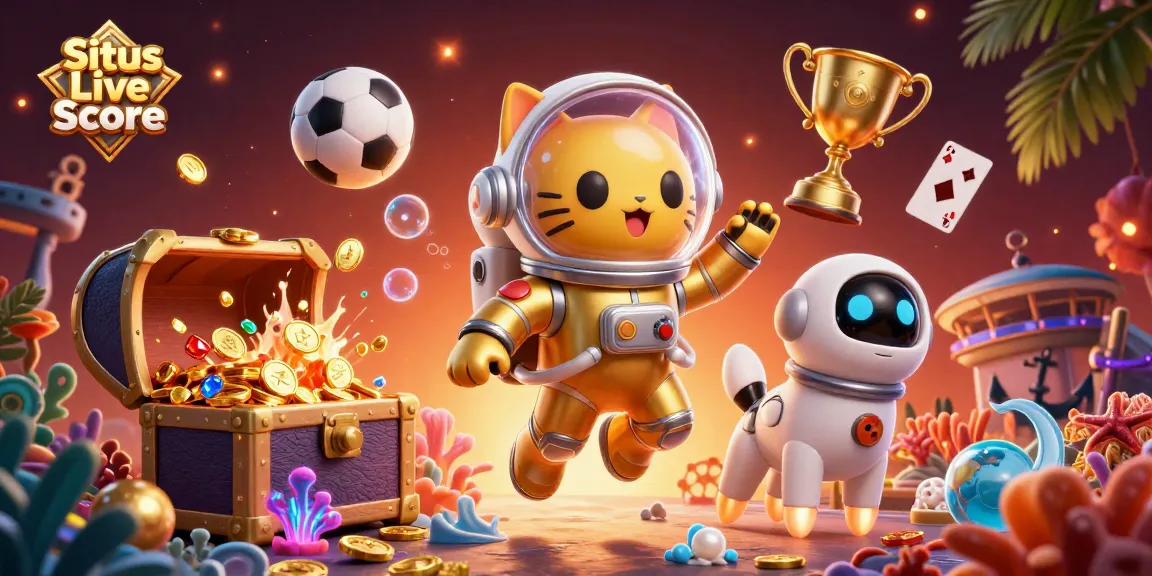 Situs Live Score captures thrilling wins with a golden cat astronaut, sports elements, and vibrant treasures.