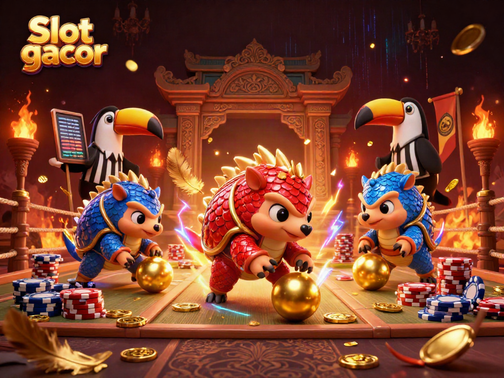 Slot gacor memperlihatkan pangolin yang berkompetisi dengan uang dan koin emas berhamburan di kasino.