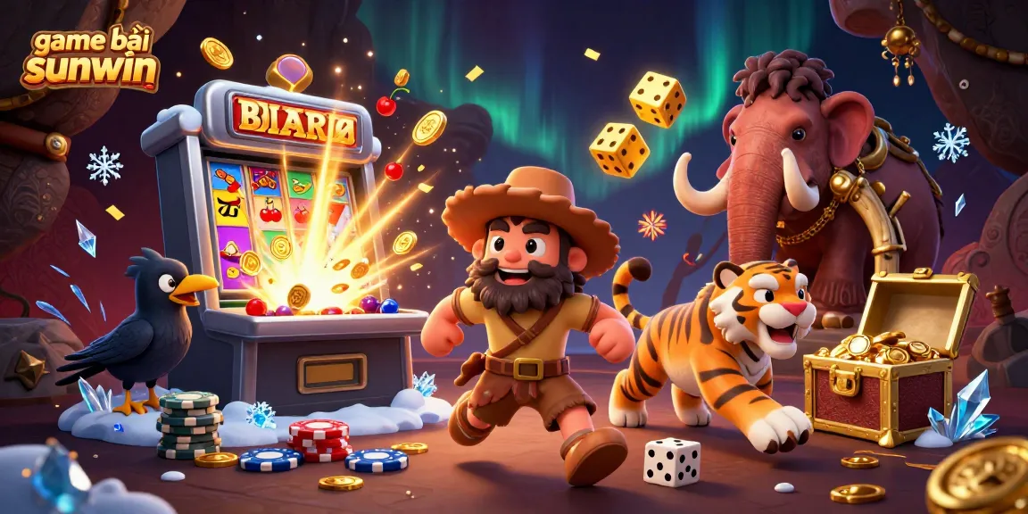 Experience exciting game bài sunwin with vibrant slot machines, characters, and casino elements bursting with energy.
