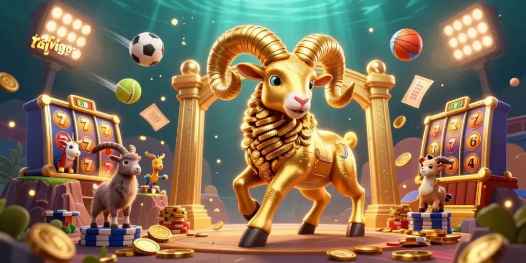 Experience the thrill of rajavigor's gaming world with a dynamic scene featuring a golden ram charging through slot reels.