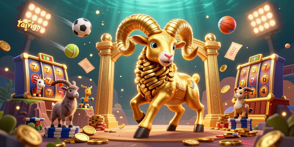 Experience the thrill of rajavigor's gaming world with a dynamic scene featuring a golden ram charging through slot reels.