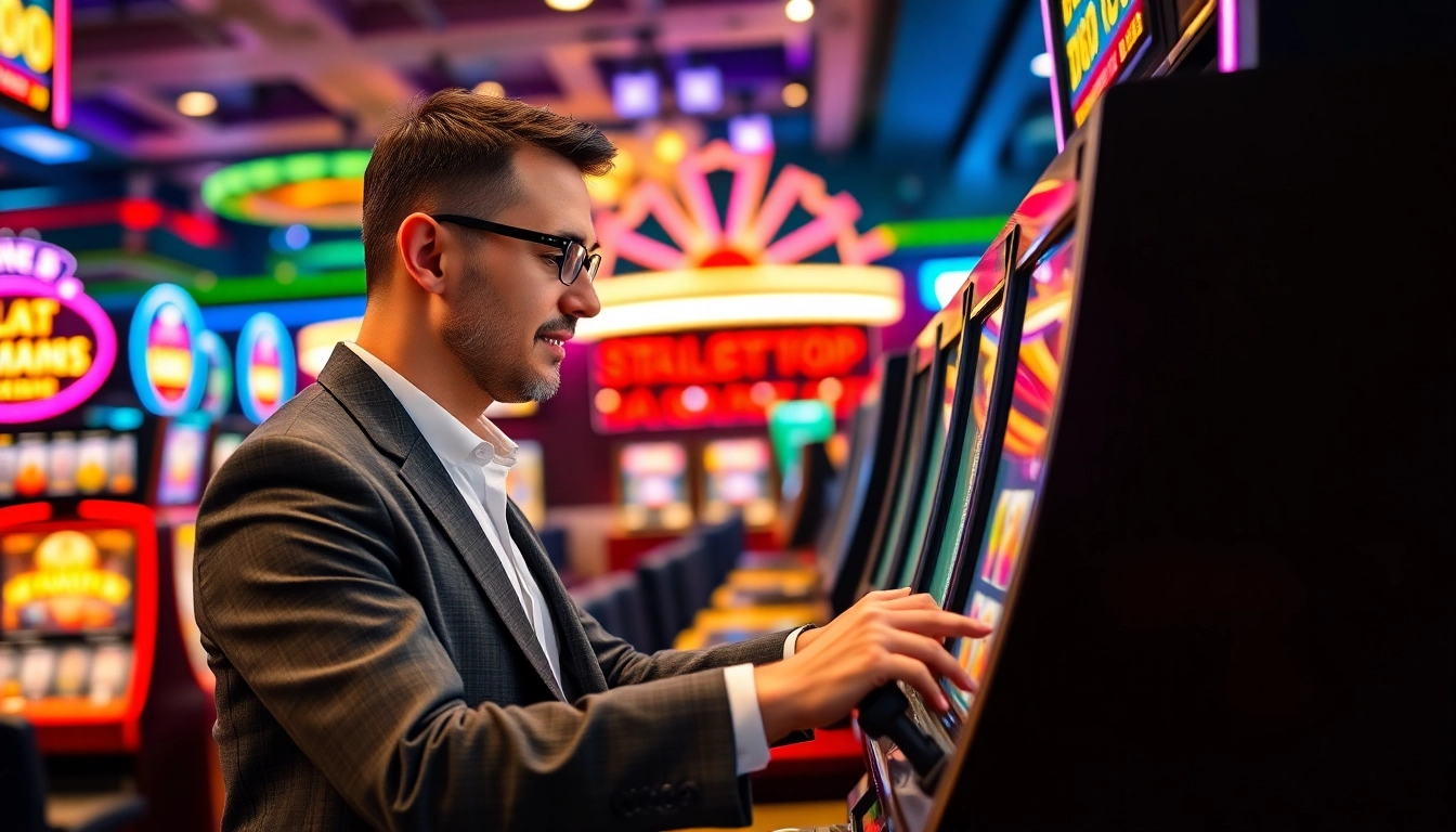 Mainkan slot gacor dengan petaruh yang bersemangat di mesin slot kasino yang cerah.