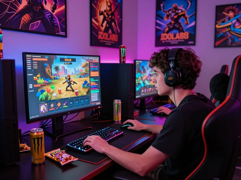 IDOLA88 online gaming experience with player focused on vibrant gaming setup and interface.