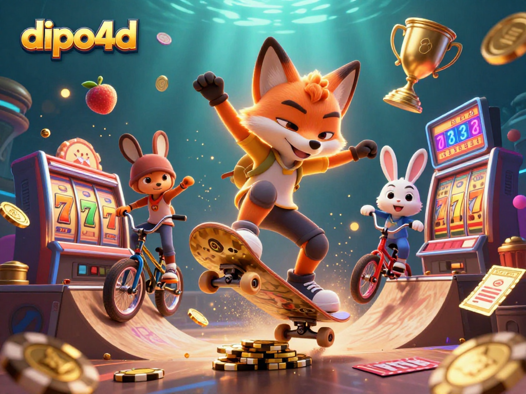 Dive into the excitement of dipo4d with an illustration showing dynamic slot games and playful characters.