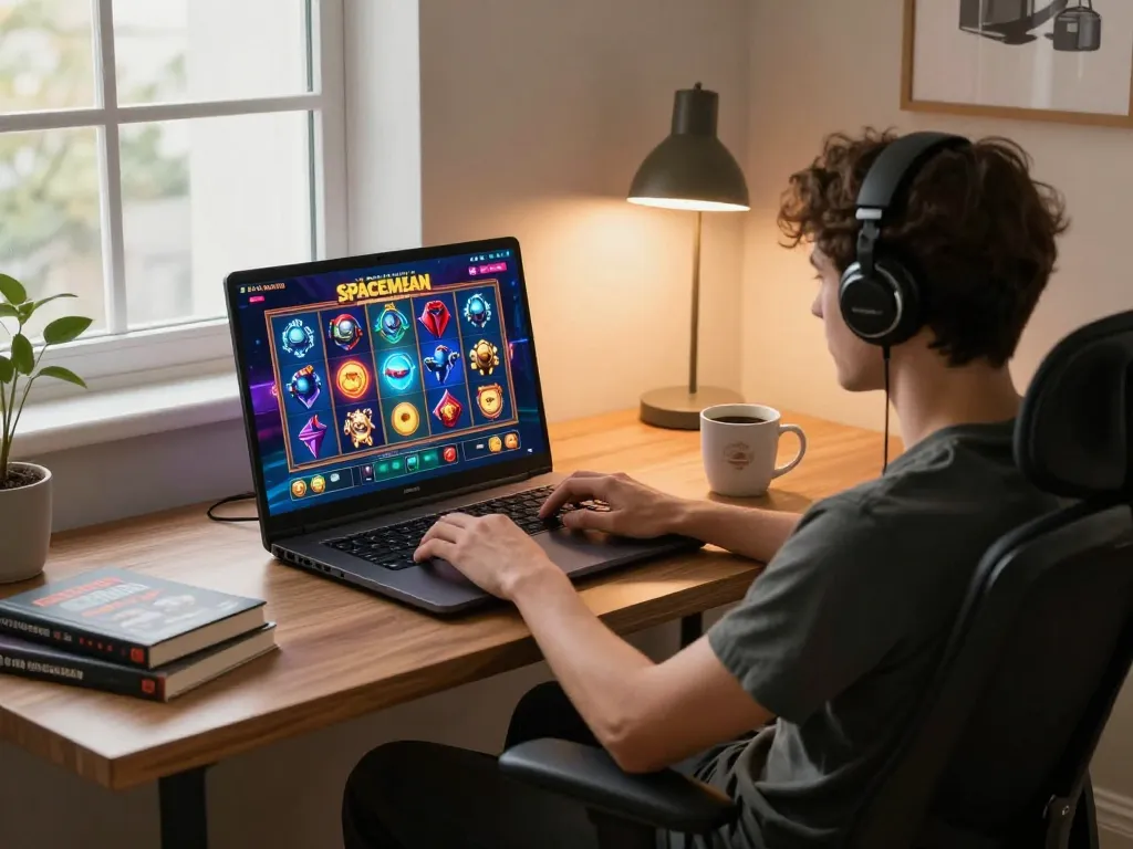 Pemain yang terlibat memutar reel Spaceman slot dari pengaturan permainan di rumah yang nyaman, menampilkan grafis permainan yang cerah.