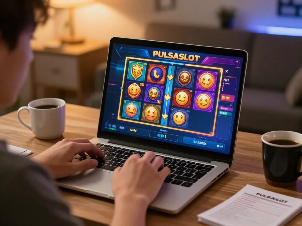 PULSASLOT user enjoying online slot gaming on a laptop in a cozy home setup.