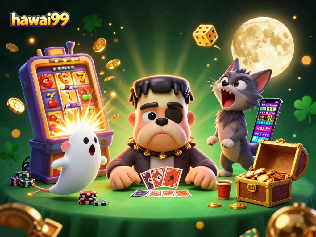 Experience the excitement of hawai99 with a lively 3D casino scene featuring vibrant characters and jackpot elements.