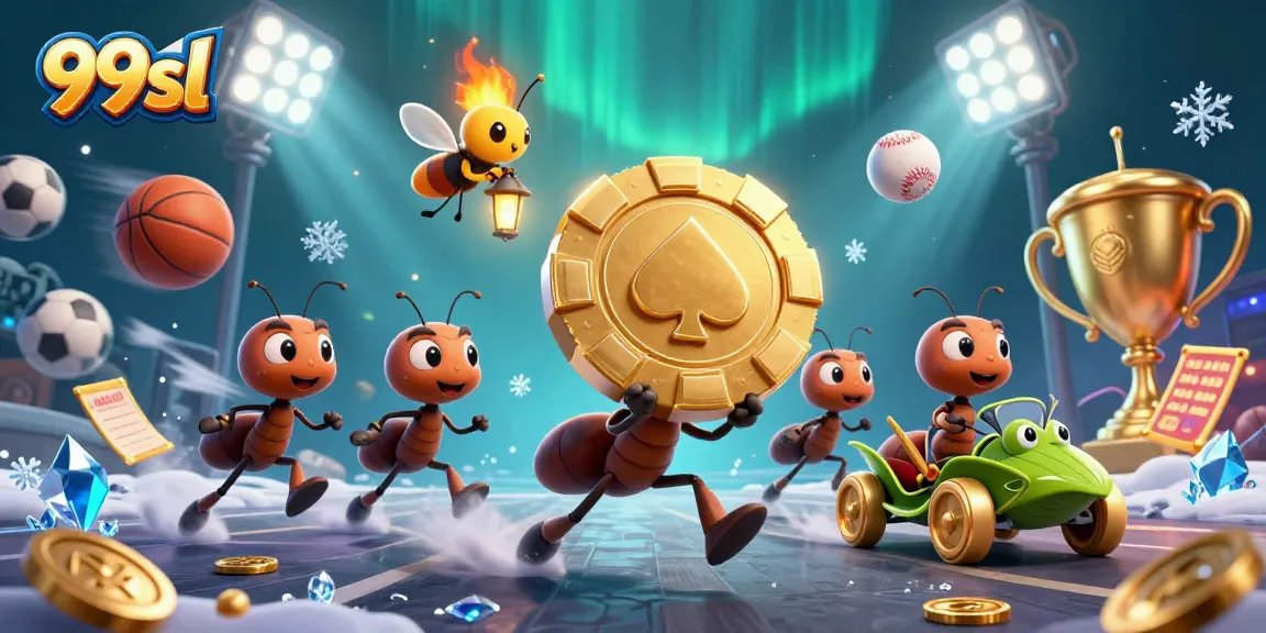 In the thrilling world of 99sl, ants heist for a giant poker chip while sports elements fill the scene.