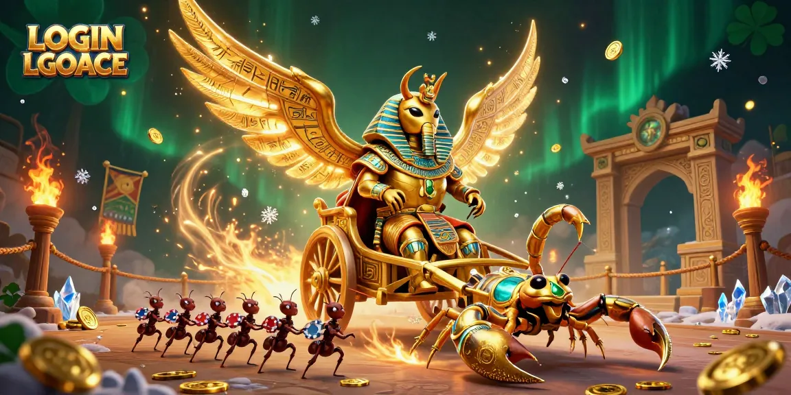 Engage with LOGIN LGOACE as a golden scarab beetle leads exhilarating casino adventures with poker chips and gambling symbols.