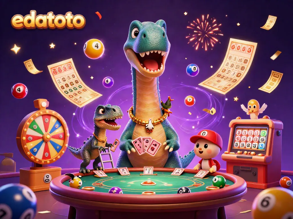 Memenangkan lottery dan permainan di edatoto dalam ilustrasi kasino yang meriah.
