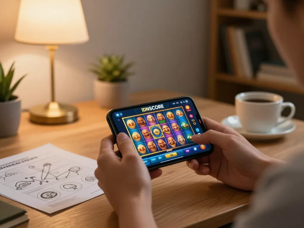 Player using IDNSCORE mobile app for online slots in cozy living room.