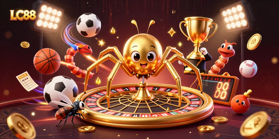 Placing bets with LC88 at a vibrant casino, featuring a golden spider and a centipede croupier.