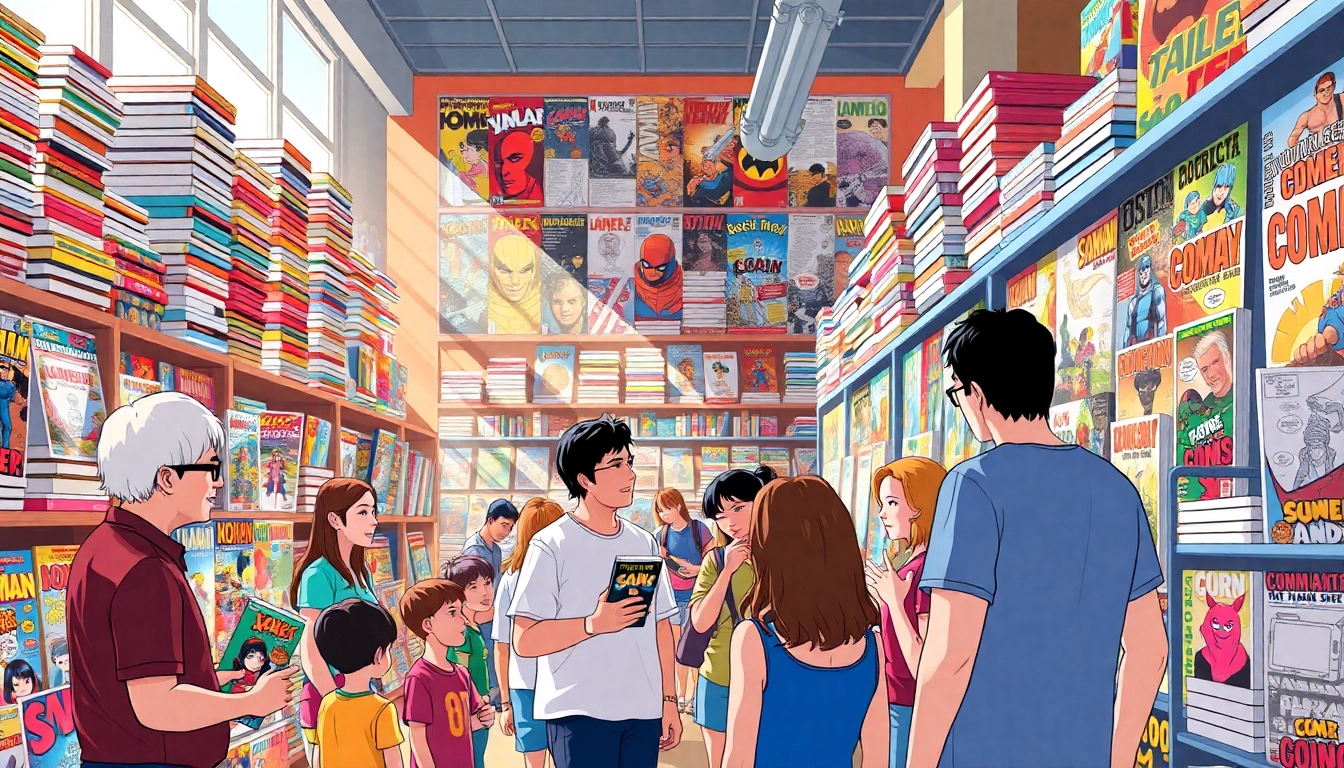 Pengunjung berinteraksi dalam toko komik, mengenal komikcast yang beragam dan menarik.