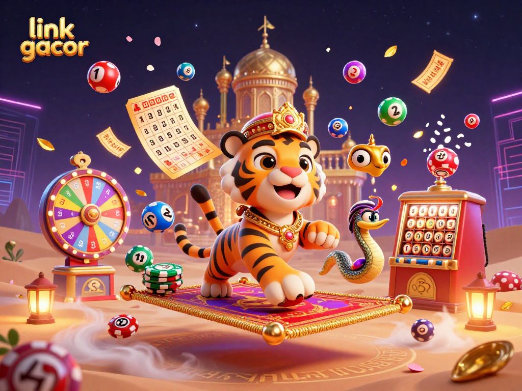 Immerse in the vibrant action of link gacor with a tiger sultan and colorful lottery elements in a dazzling setting.
