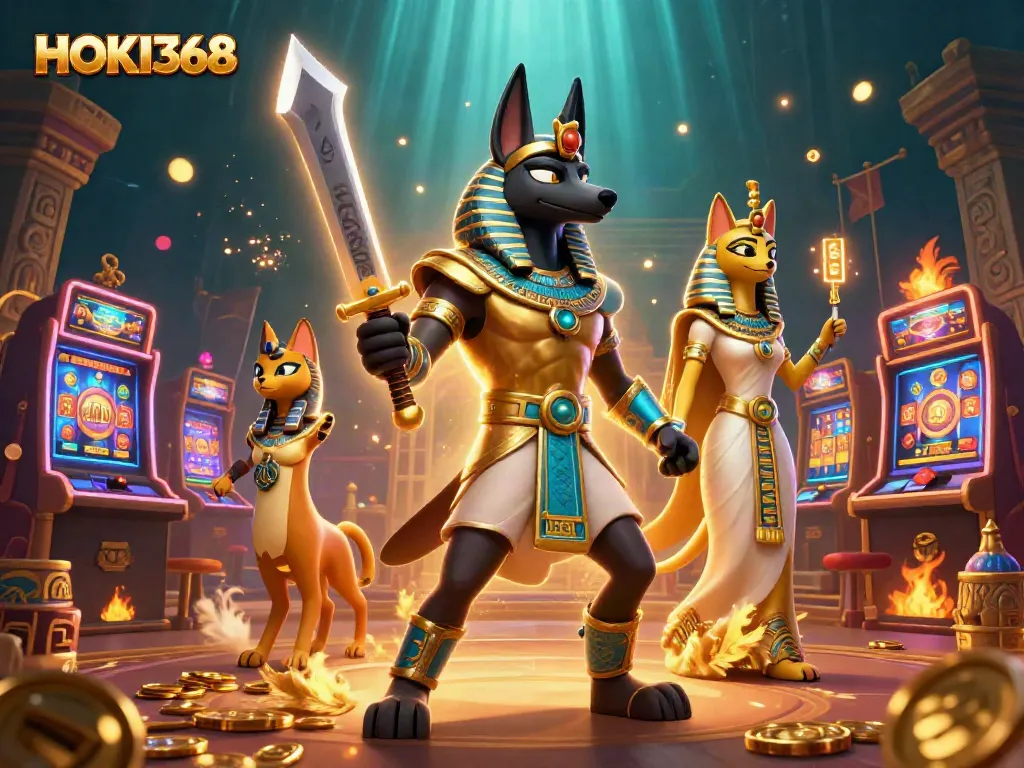 Experience thrilling wins with HOKI368's Egyptian warrior battling jackpot reels and magical symbols.