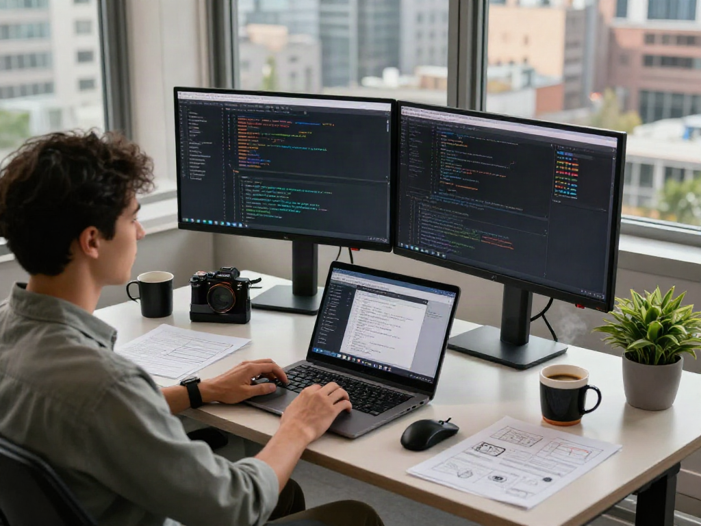 Pengembang menggunakan SGA33 dalam coding di ruang kerja modern.